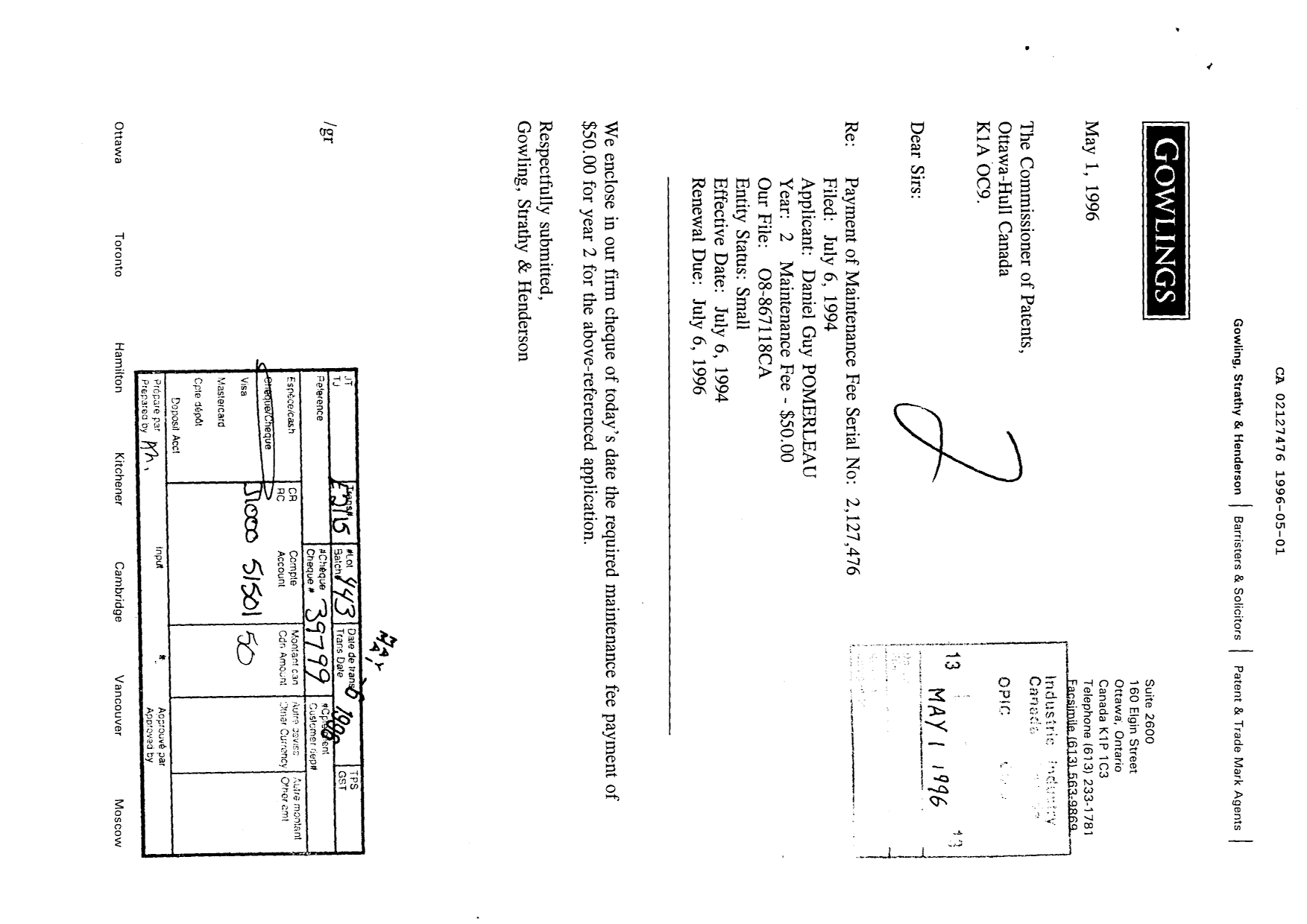 Document de brevet canadien 2127476. Taxes 19960501. Image 1 de 1