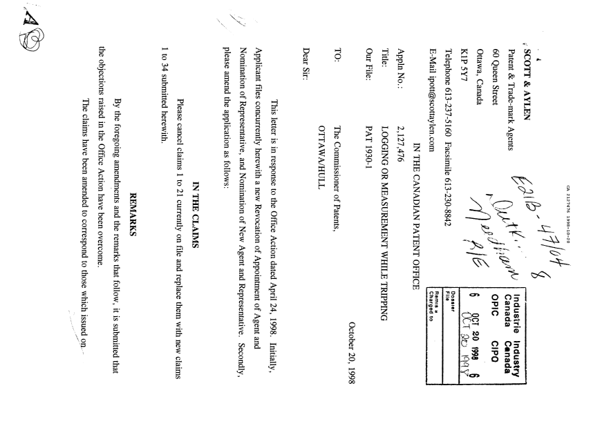 Canadian Patent Document 2127476. Prosecution Correspondence 19981020. Image 1 of 2