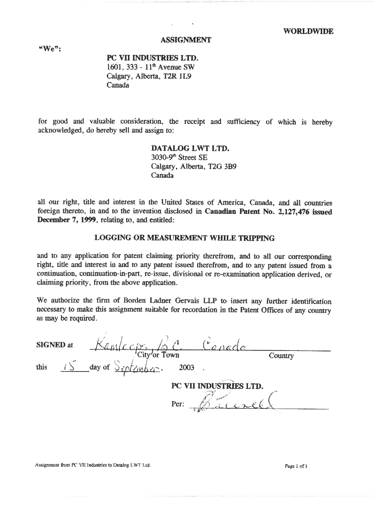 Document de brevet canadien 2127476. Cession 20031027. Image 2 de 3