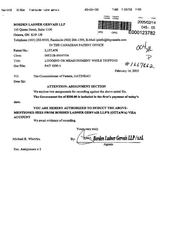 Canadian Patent Document 2127476. Assignment 20050214. Image 1 of 5
