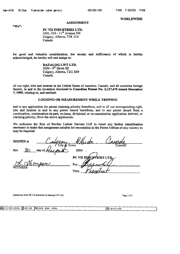 Document de brevet canadien 2127476. Cession 20050214. Image 5 de 5