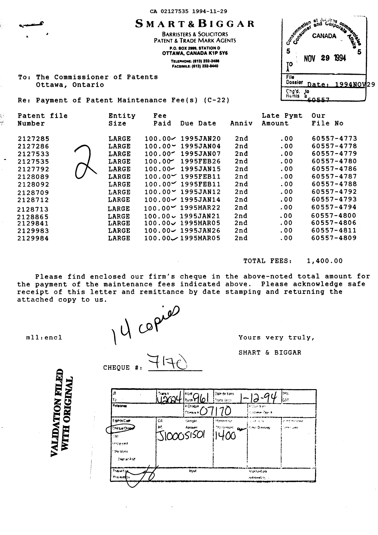 Document de brevet canadien 2127535. Taxes 19941129. Image 1 de 1