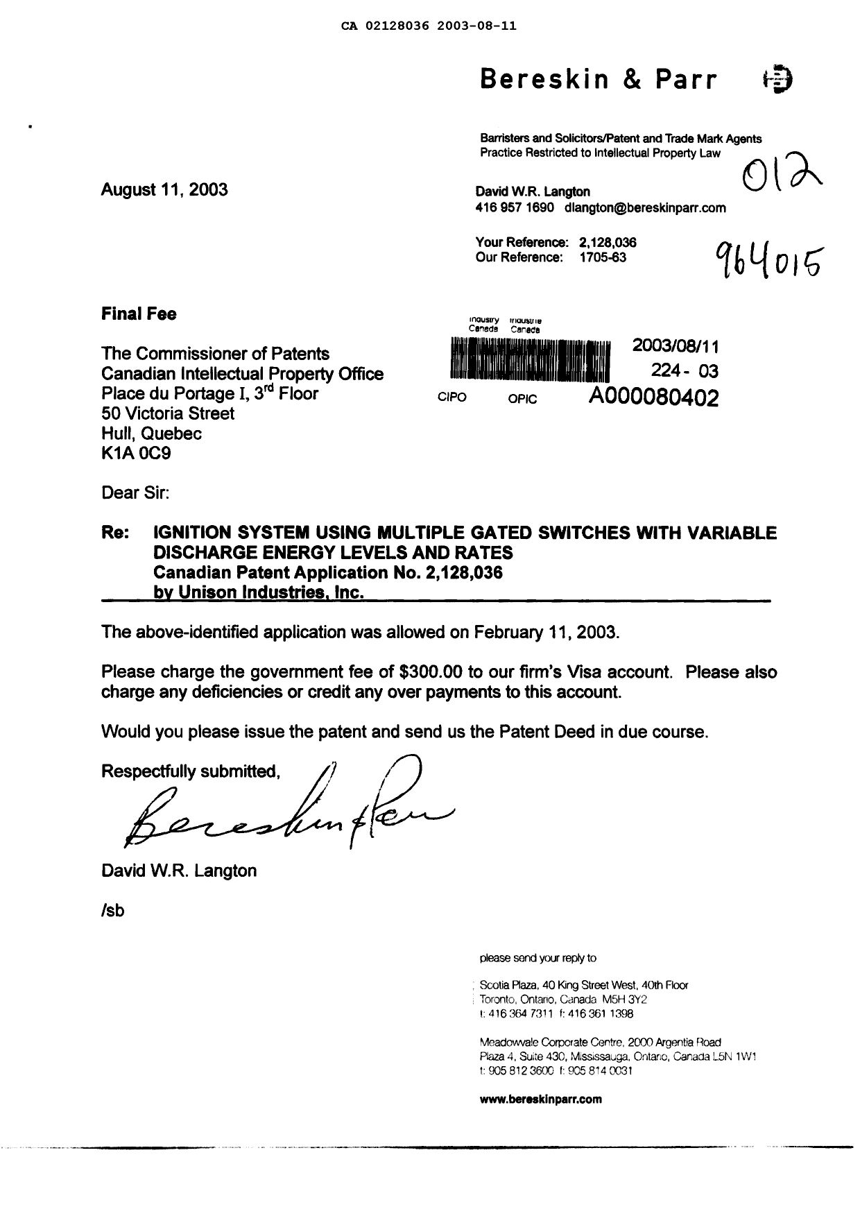 Document de brevet canadien 2128036. Correspondance 20030811. Image 1 de 1