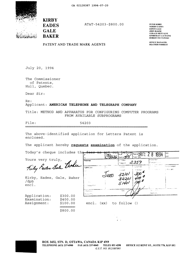 Document de brevet canadien 2128387. Cession 19940720. Image 1 de 6