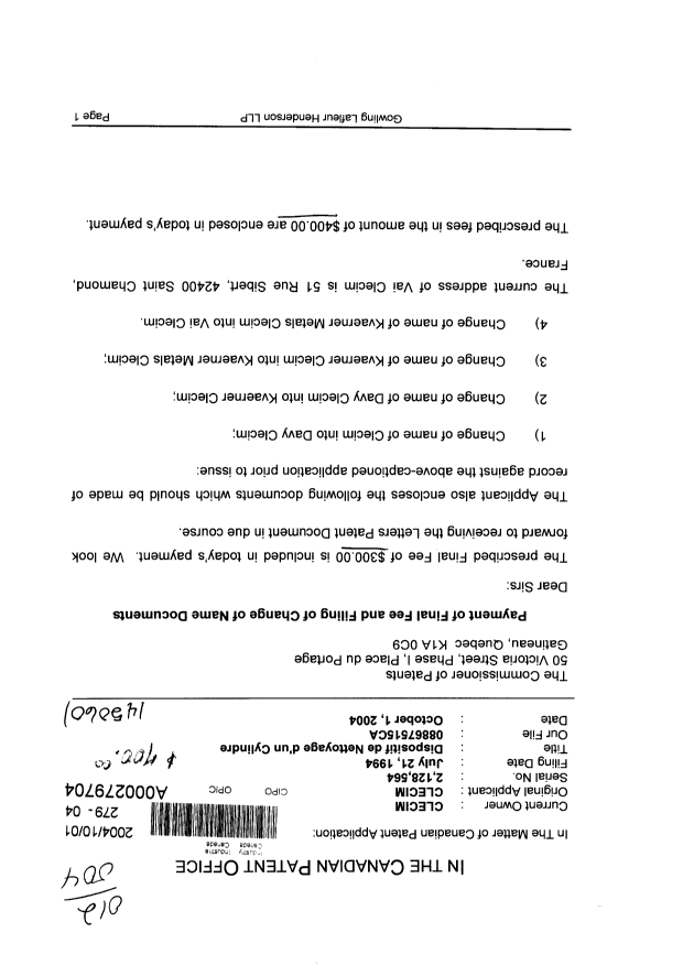 Canadian Patent Document 2128564. Correspondence 20041001. Image 1 of 2