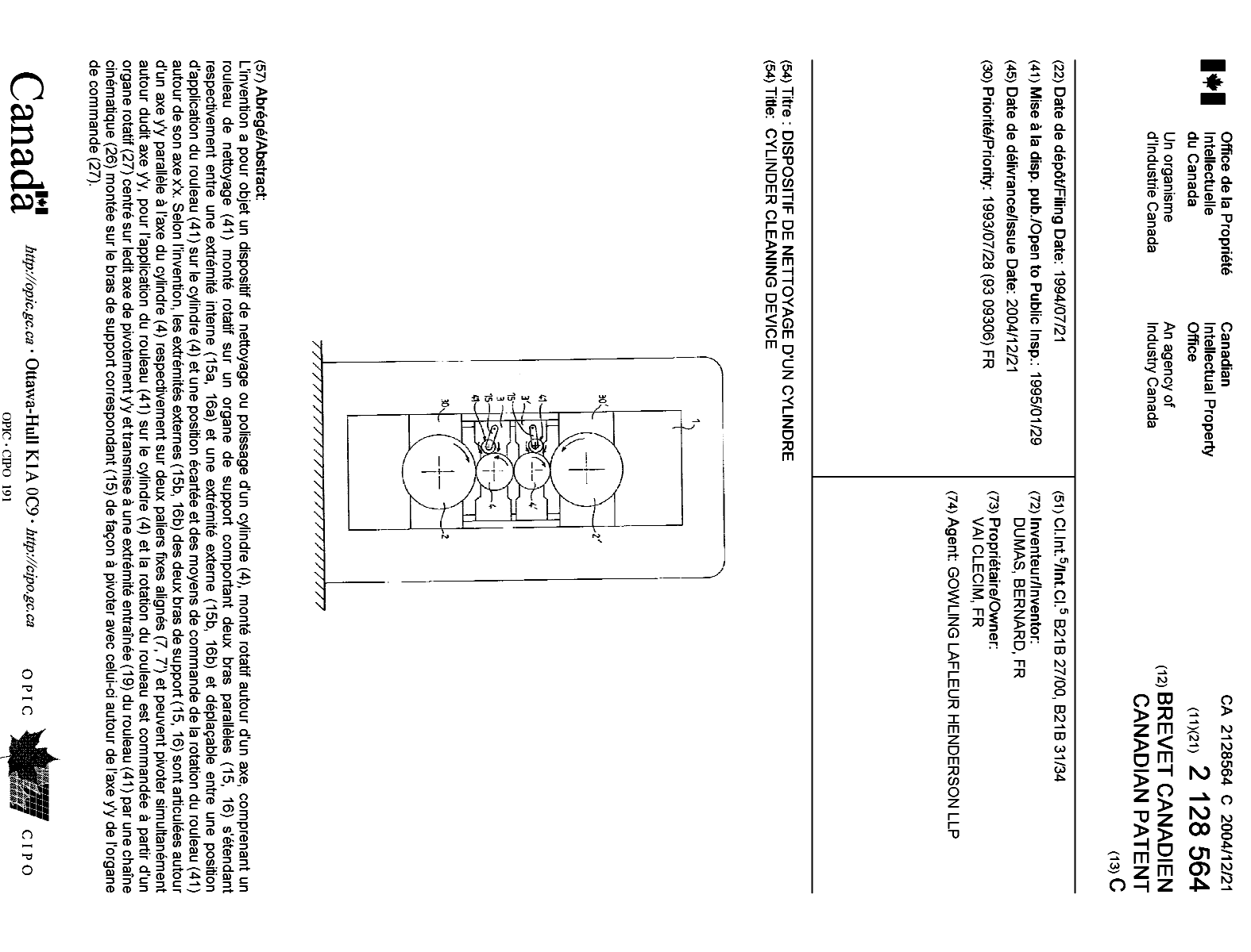 Document de brevet canadien 2128564. Page couverture 20041118. Image 1 de 1