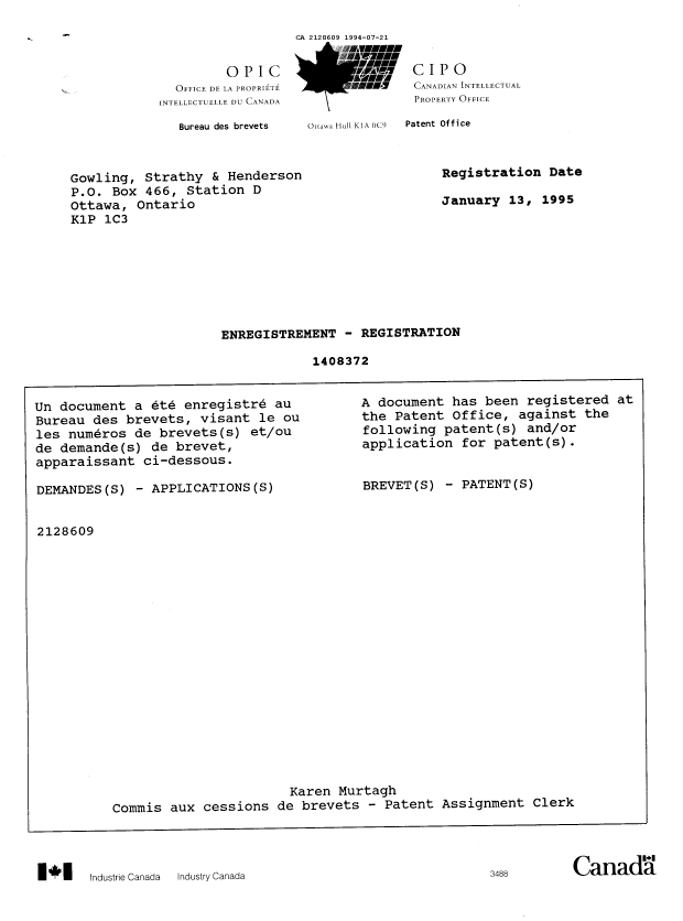 Canadian Patent Document 2128609. Prosecution Correspondence 19940721. Image 1 of 5