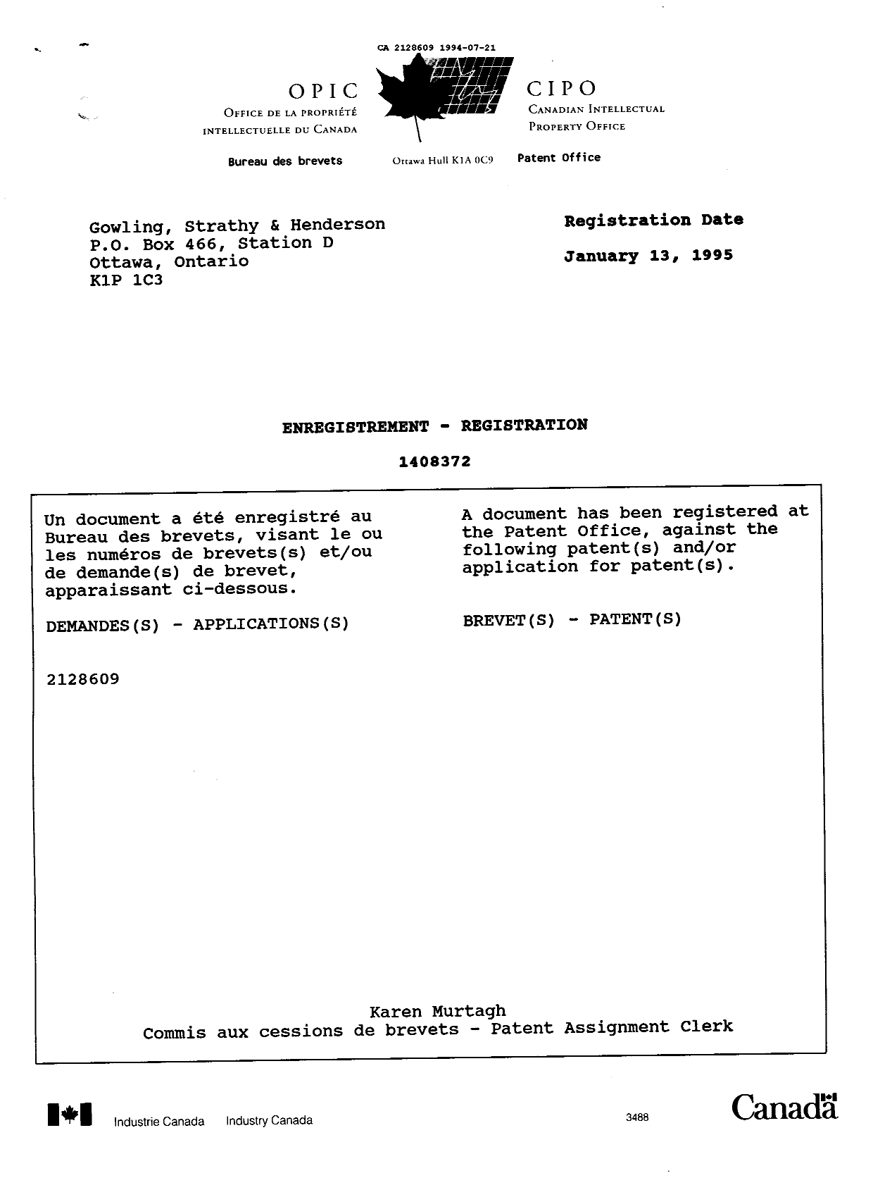 Document de brevet canadien 2128609. Correspondance de la poursuite 19940721. Image 1 de 5
