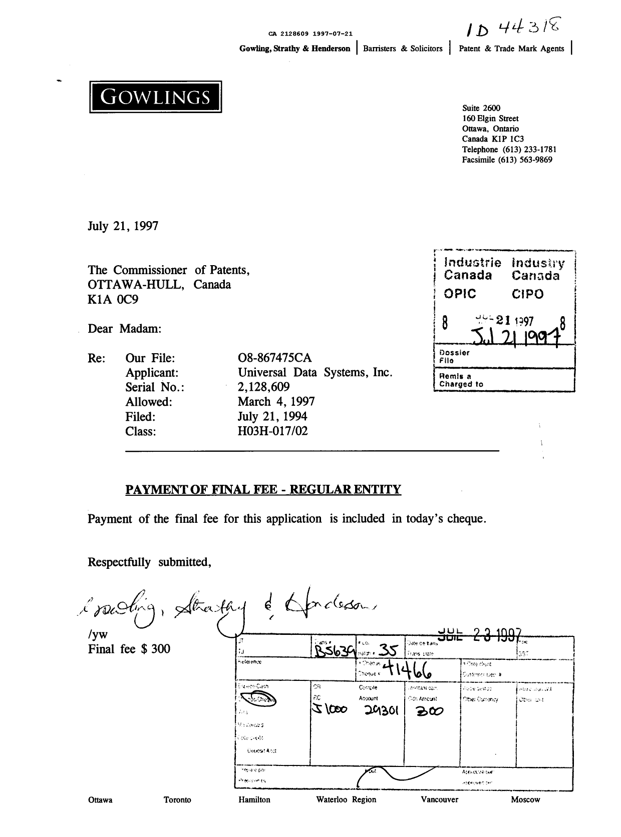 Document de brevet canadien 2128609. Correspondance reliée aux formalités 19970721. Image 1 de 1
