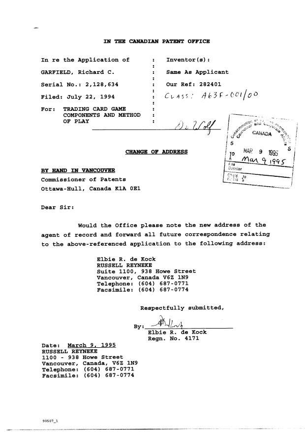 Document de brevet canadien 2128634. Correspondance 19950309. Image 1 de 5