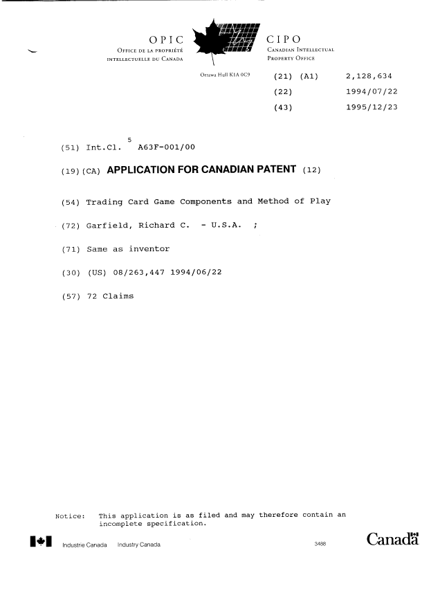 Canadian Patent Document 2128634. Cover Page 19960403. Image 1 of 1