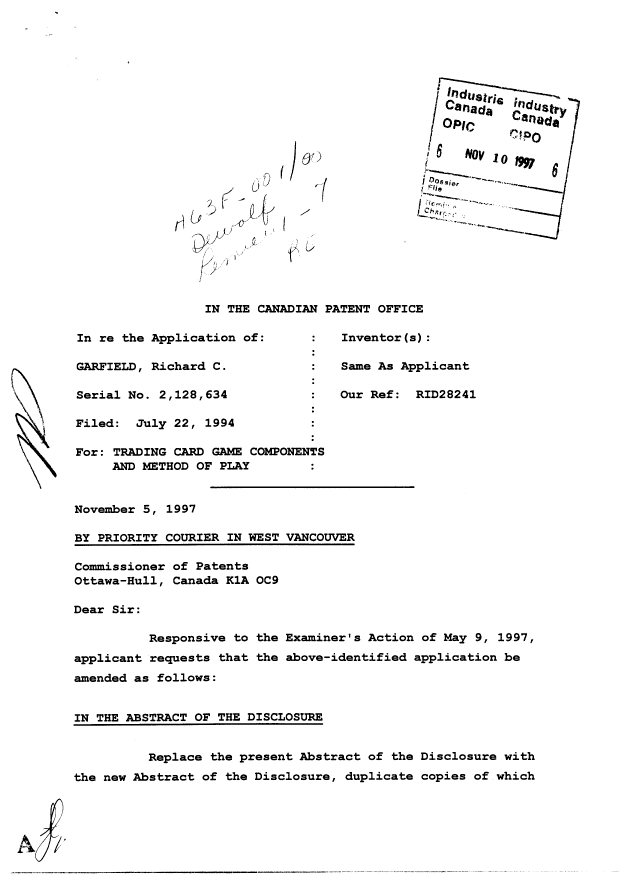 Canadian Patent Document 2128634. Prosecution-Amendment 19971110. Image 1 of 15