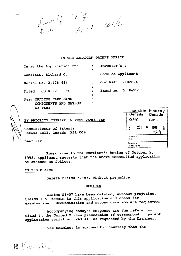 Canadian Patent Document 2128634. Prosecution-Amendment 19990406. Image 1 of 3