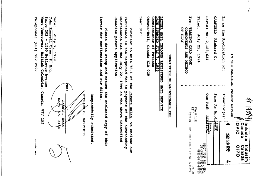 Canadian Patent Document 2128634. Fees 19990712. Image 1 of 1