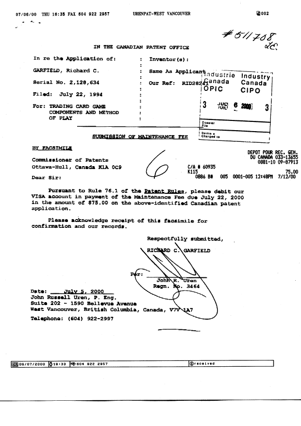 Canadian Patent Document 2128634. Fees 20000706. Image 1 of 2