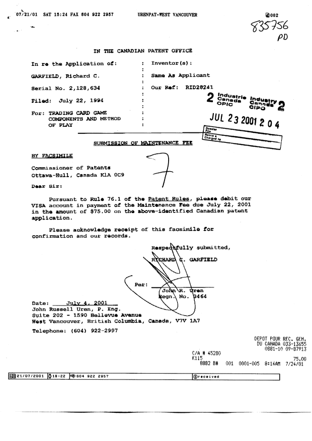 Canadian Patent Document 2128634. Fees 20010723. Image 1 of 2