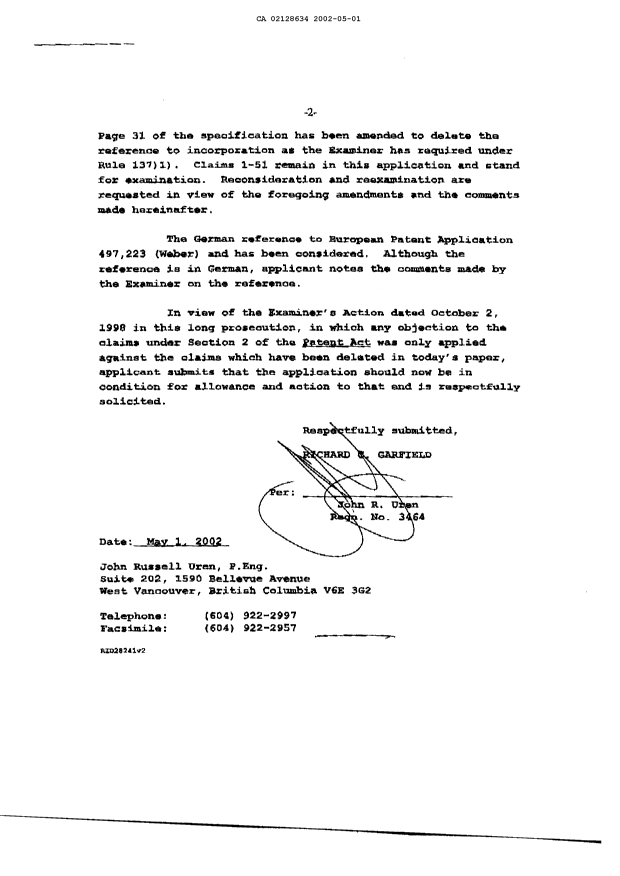 Canadian Patent Document 2128634. Prosecution-Amendment 20020501. Image 2 of 4