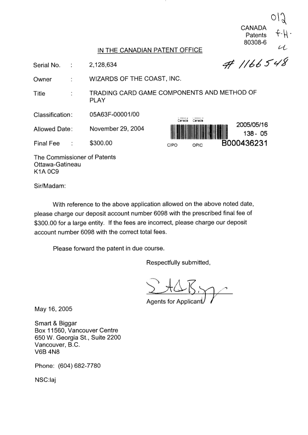 Document de brevet canadien 2128634. Correspondance 20050516. Image 1 de 1