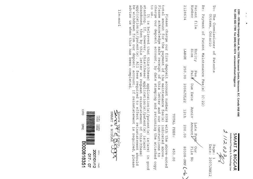 Canadian Patent Document 2128634. Fees 20070112. Image 1 of 2