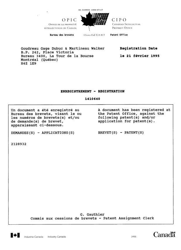 Canadian Patent Document 2128932. Prosecution Correspondence 19940727. Image 1 of 7