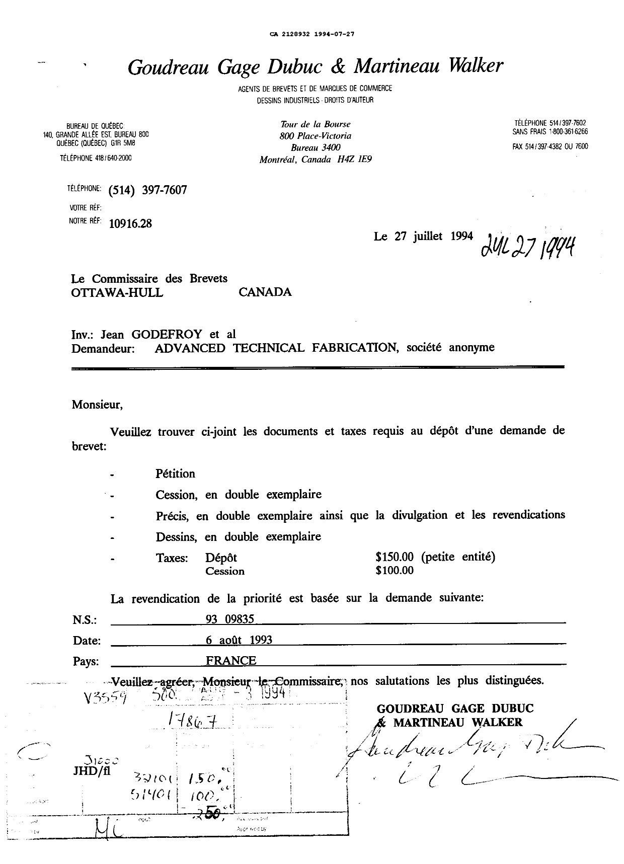 Document de brevet canadien 2128932. Demande d'entrée en phase nationale 19940727. Image 1 de 5
