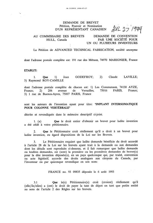 Document de brevet canadien 2128932. Demande d'entrée en phase nationale 19940727. Image 2 de 5