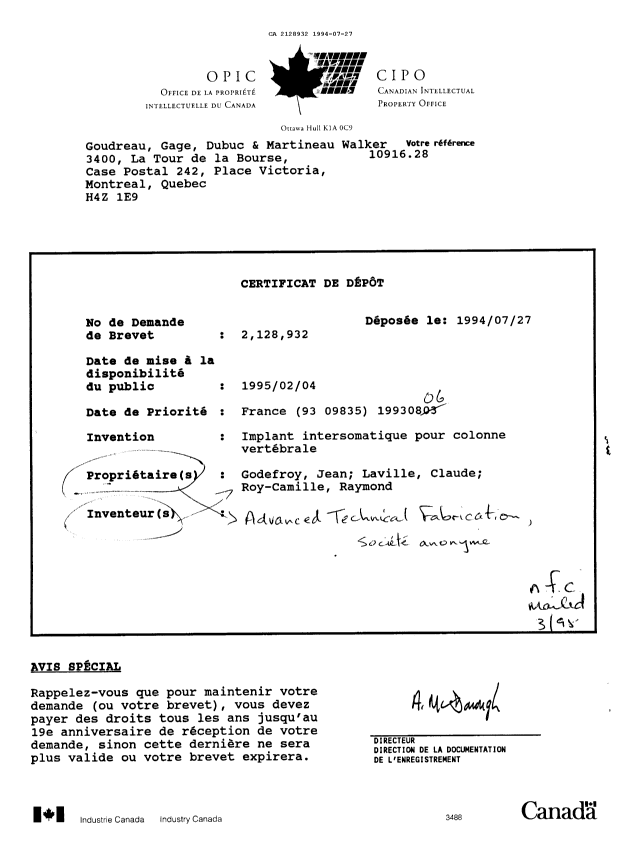 Document de brevet canadien 2128932. Correspondance de la poursuite 19940727. Image 2 de 7