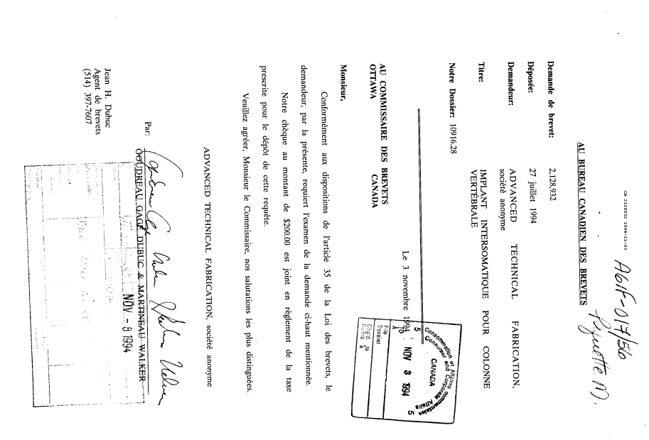 Document de brevet canadien 2128932. Correspondance de la poursuite 19941103. Image 1 de 1