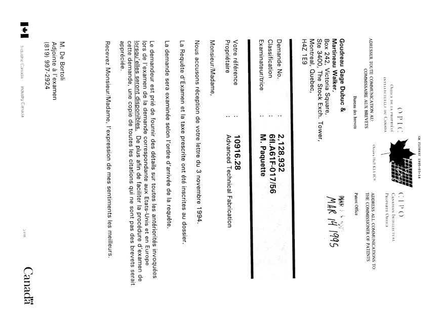 Document de brevet canadien 2128932. Lettre du bureau 19950314. Image 1 de 1