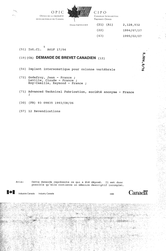 Canadian Patent Document 2128932. Cover Page 19950805. Image 1 of 1