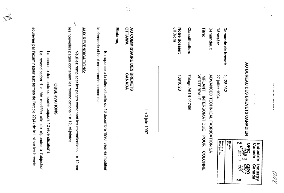 Document de brevet canadien 2128932. Correspondance de la poursuite 19970603. Image 1 de 4