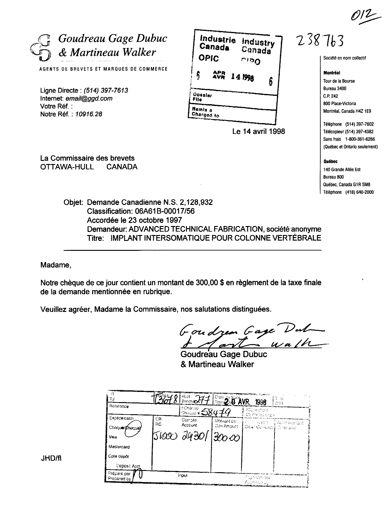 Document de brevet canadien 2128932. Correspondance 19980414. Image 1 de 1