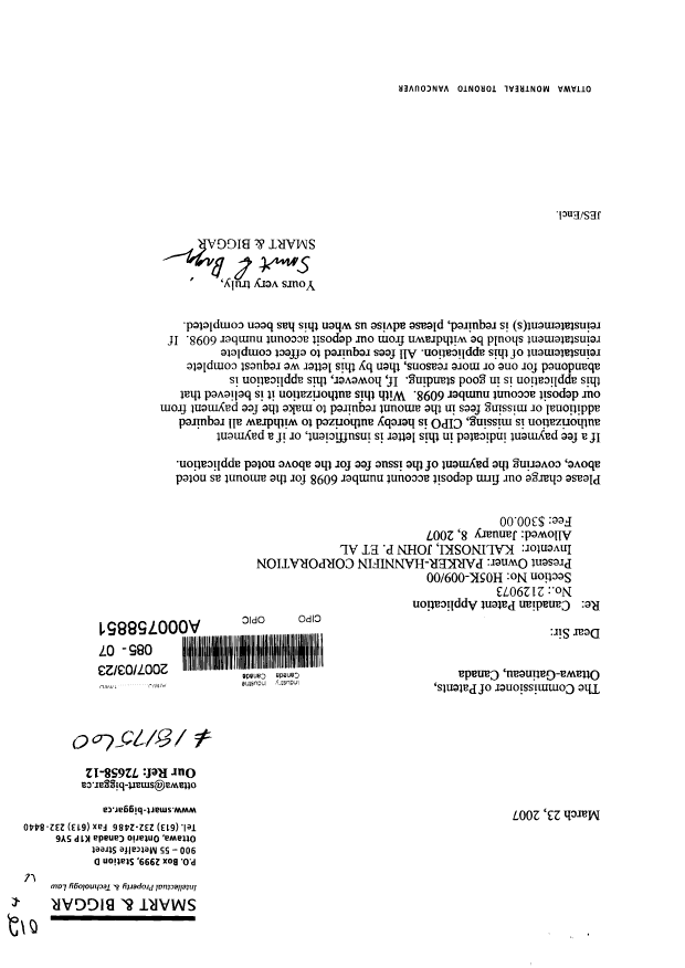 Canadian Patent Document 2129073. Correspondence 20070323. Image 1 of 1