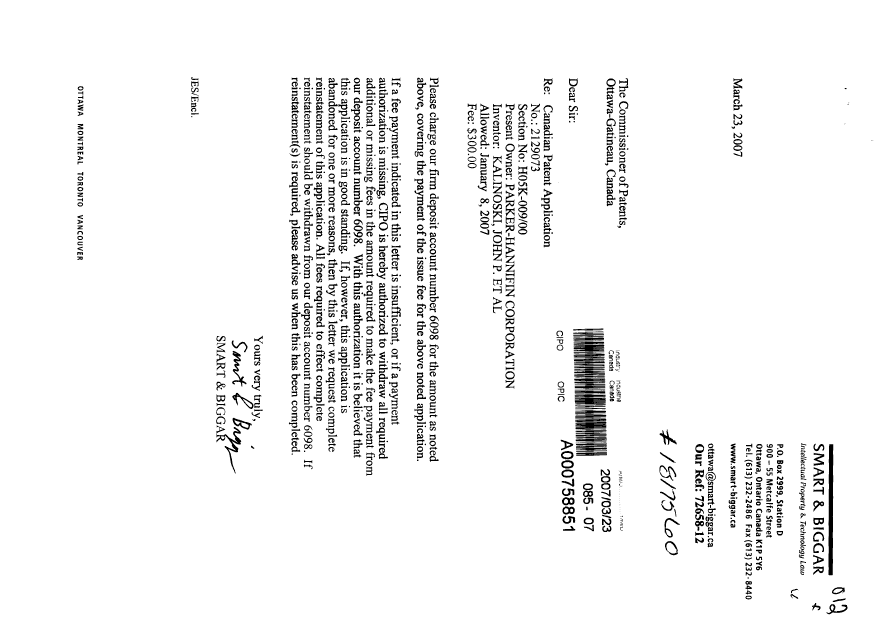 Document de brevet canadien 2129073. Correspondance 20070323. Image 1 de 1