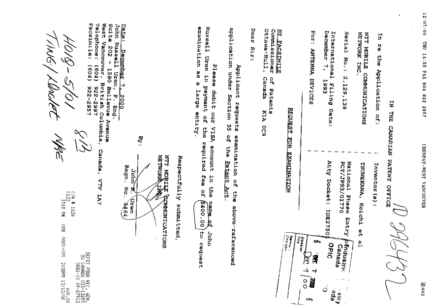 Document de brevet canadien 2129139. Poursuite-Amendment 20001207. Image 1 de 2