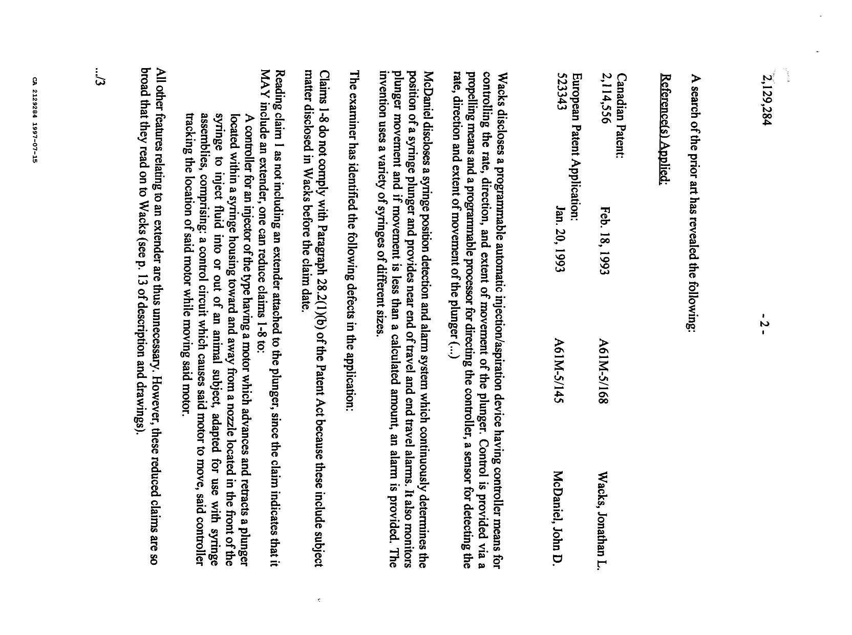 Canadian Patent Document 2129284. Examiner Requisition 19970715. Image 2 of 3