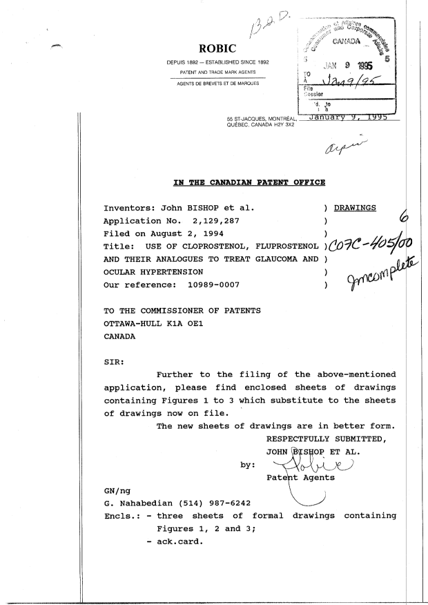 Canadian Patent Document 2129287. Correspondence 19941209. Image 1 of 4