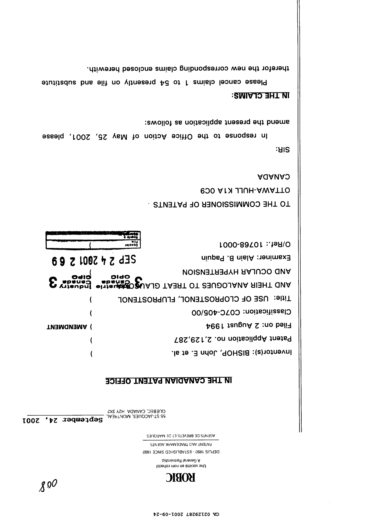 Document de brevet canadien 2129287. Poursuite-Amendment 20001224. Image 1 de 16