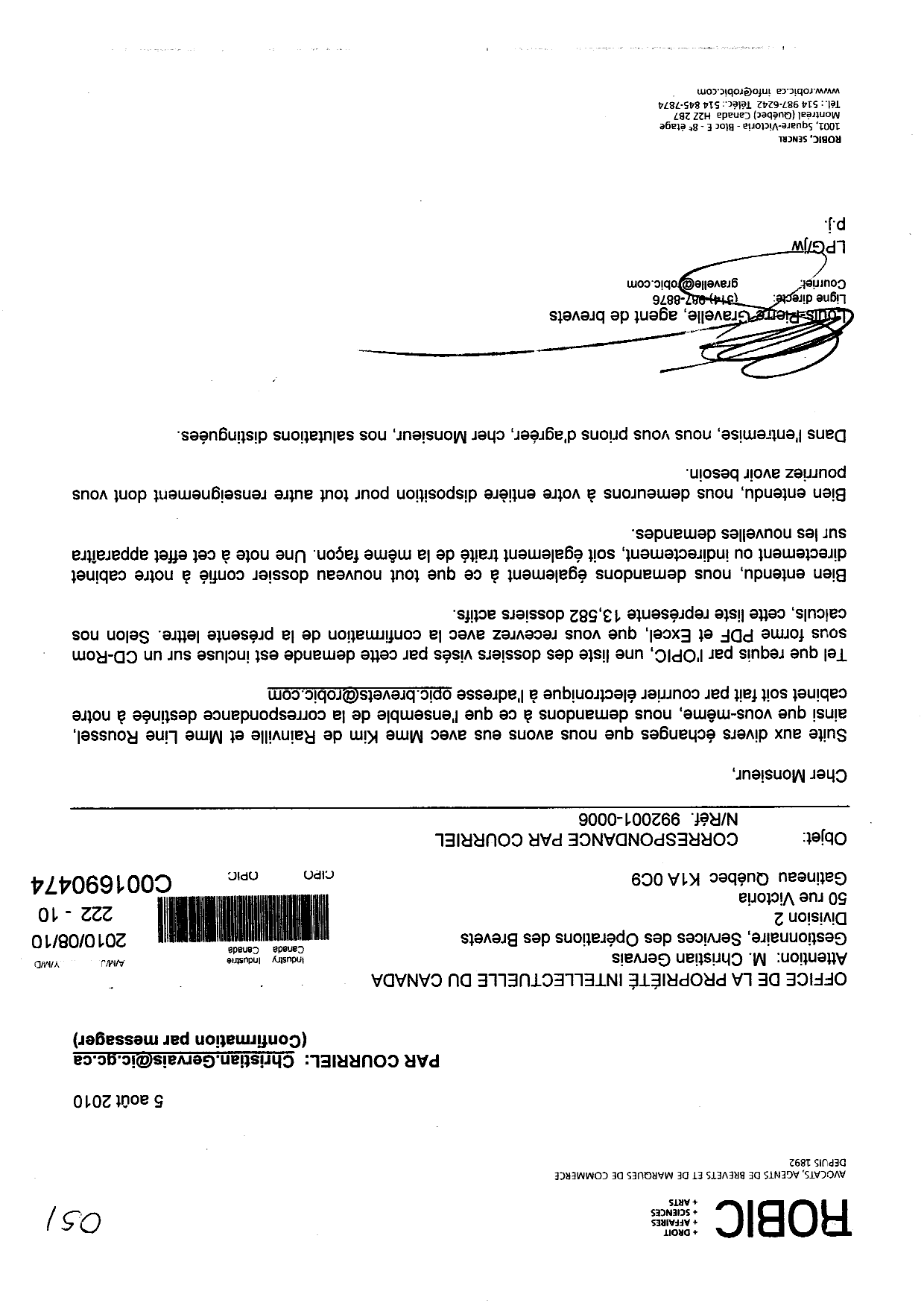 Document de brevet canadien 2129287. Correspondance 20091210. Image 1 de 2