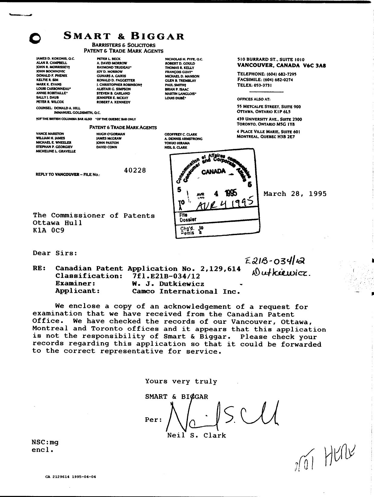 Document de brevet canadien 2129614. Correspondance reliée aux formalités 19950404. Image 1 de 2