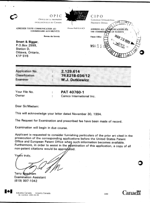 Canadian Patent Document 2129614. Correspondence Related to Formalities 19950404. Image 2 of 2