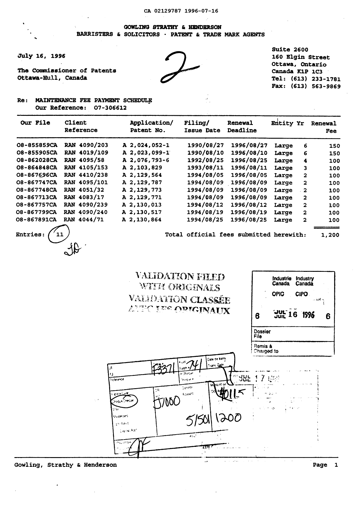 Canadian Patent Document 2129787. Fees 19960716. Image 1 of 1