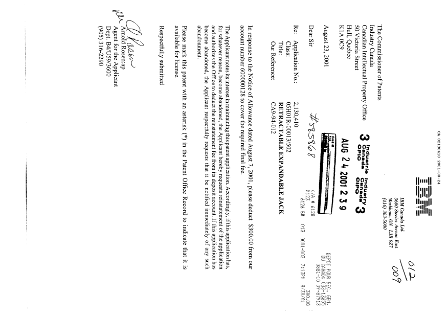 Document de brevet canadien 2130410. Correspondance 20010824. Image 1 de 1
