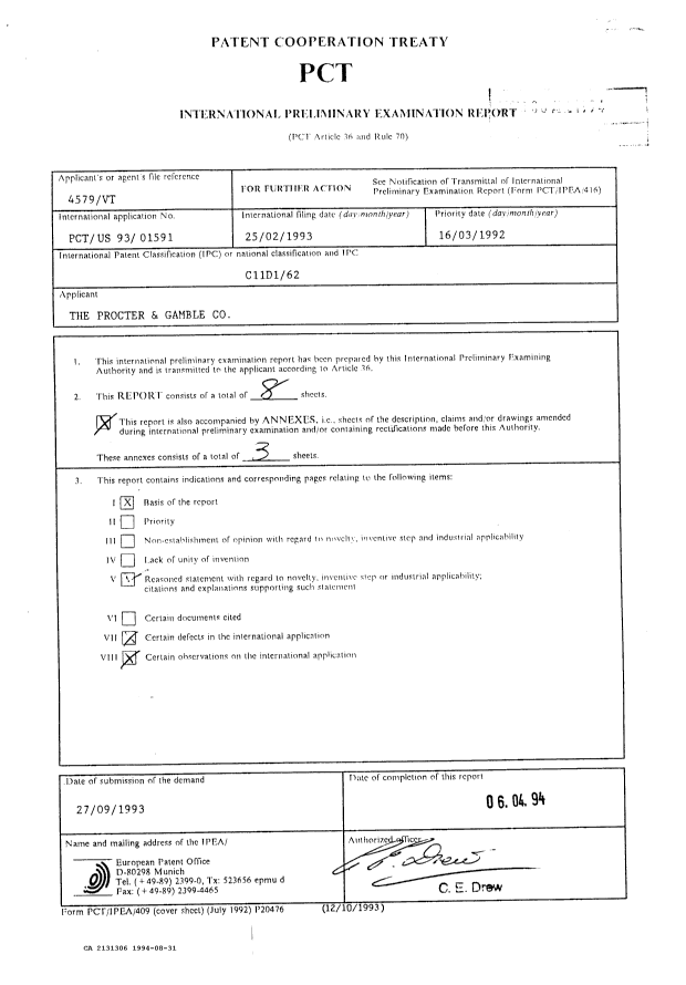 Document de brevet canadien 2131306. Rapport d'examen préliminaire international 19940831. Image 2 de 15