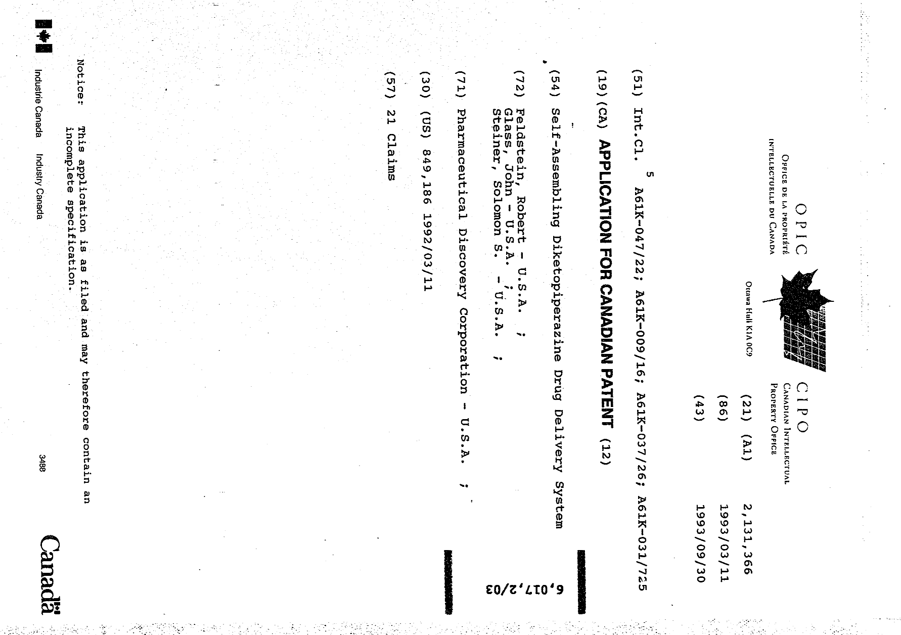 Canadian Patent Document 2131366. Cover Page 19950826. Image 1 of 1