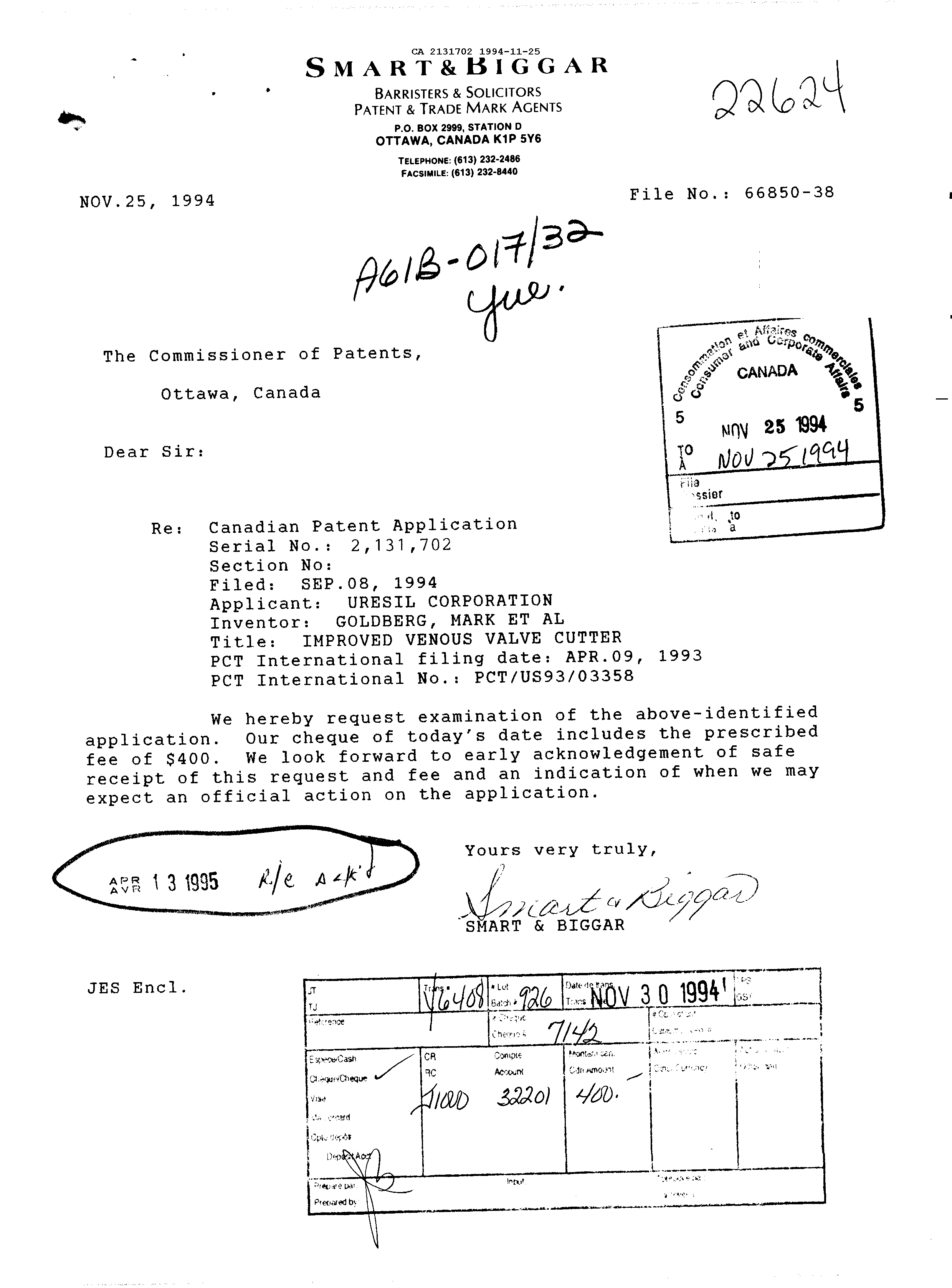 Canadian Patent Document 2131702. Correspondence Related to Formalities 19941125. Image 1 of 1