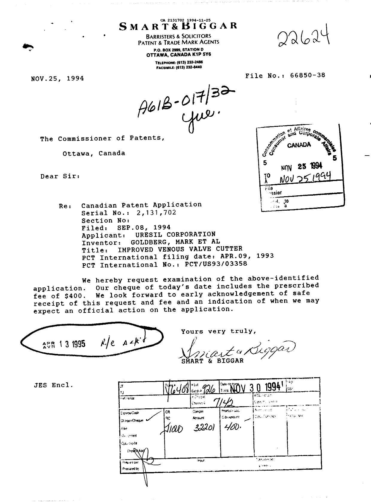 Document de brevet canadien 2131702. Correspondance reliée aux formalités 19941125. Image 1 de 1