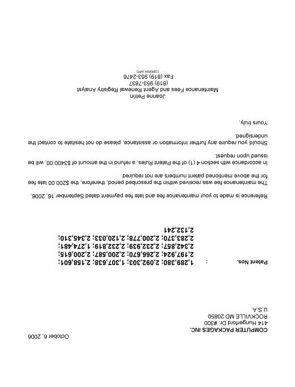 Canadian Patent Document 2132241. Correspondence 20061006. Image 1 of 1