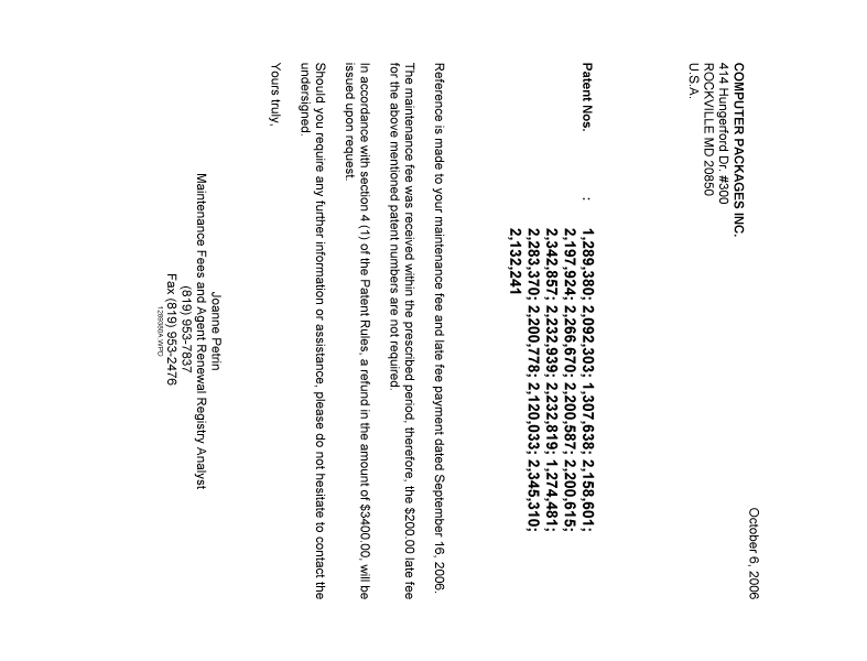 Document de brevet canadien 2132241. Correspondance 20061006. Image 1 de 1
