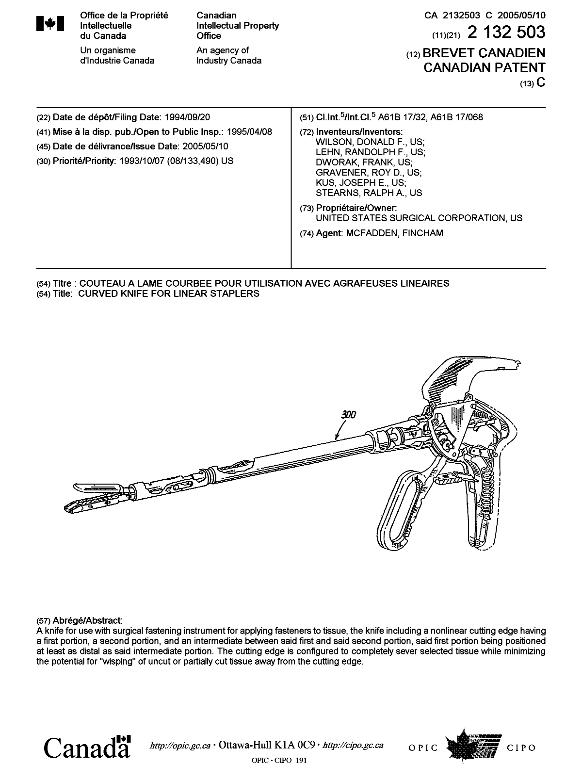 Document de brevet canadien 2132503. Page couverture 20050411. Image 1 de 1